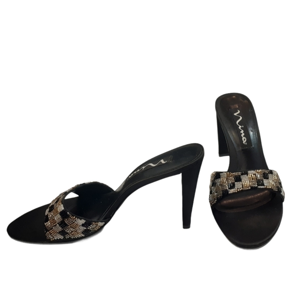 Nina Womens Beaded Heels Dress Shoes‎ Black Gold Christmas Holiday NYE Size 10